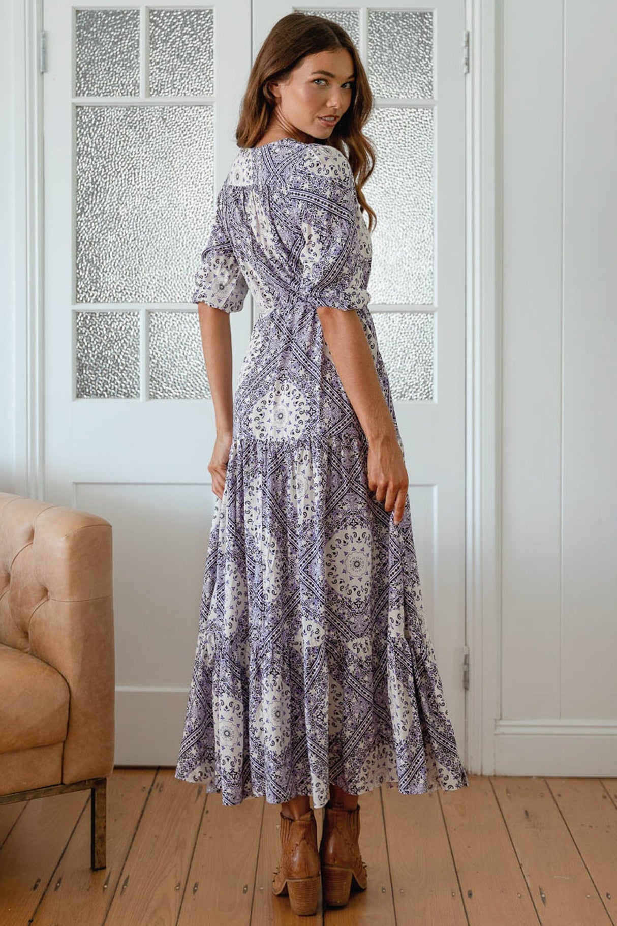 Tessa Maxi Dress - A Line Pull Tie Waist Dress in Lilac Lullaby Print