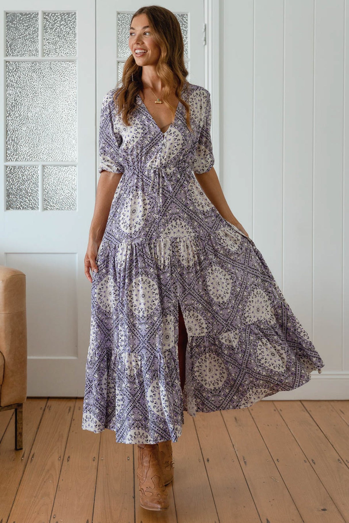 Tessa Maxi Dress - A Line Pull Tie Waist Dress in Lilac Lullaby Print