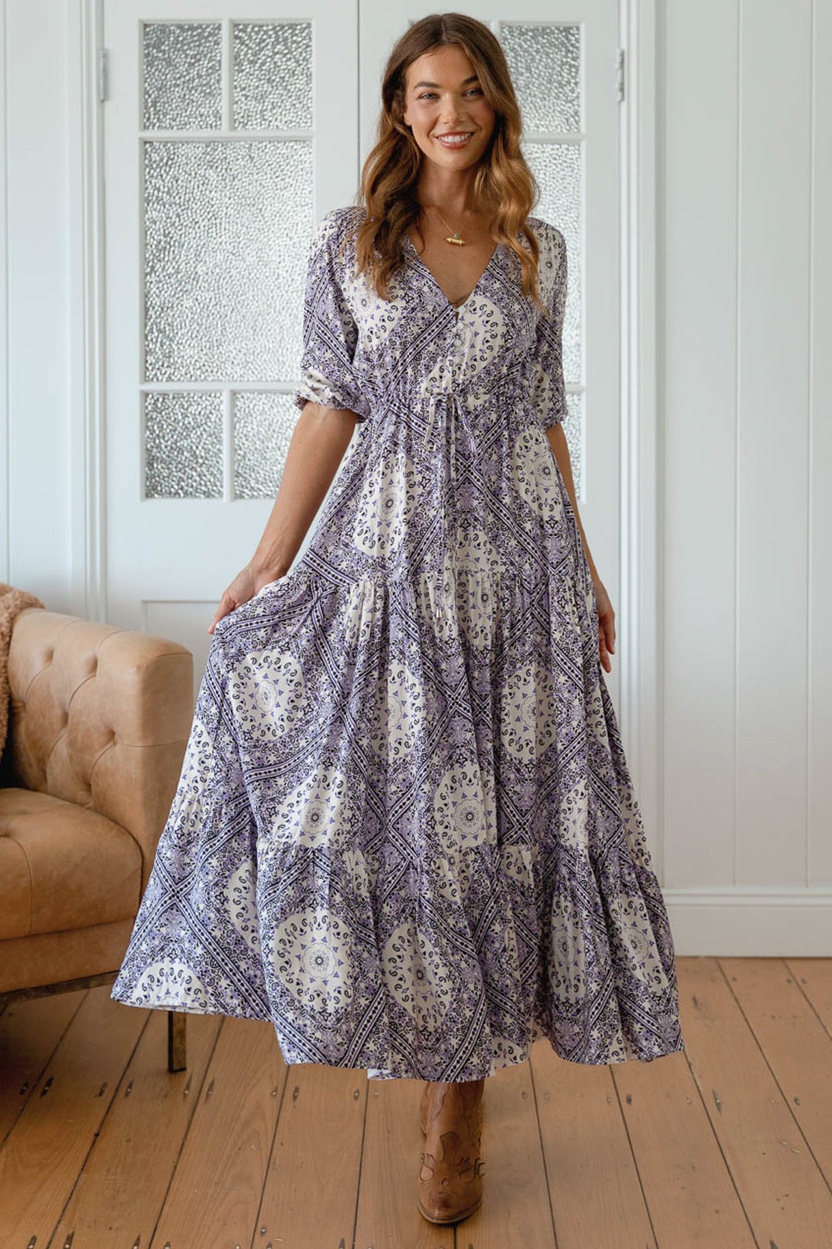 Tessa Maxi Dress - A Line Pull Tie Waist Dress in Lilac Lullaby Print