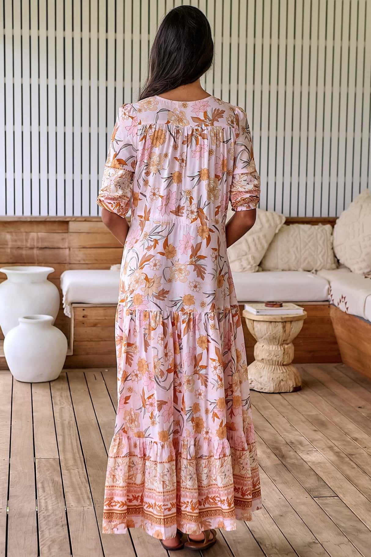 JAASE - Tessa Maxi Dress: A Line Pull Tie Waist Dress in Peach Dahlia Print