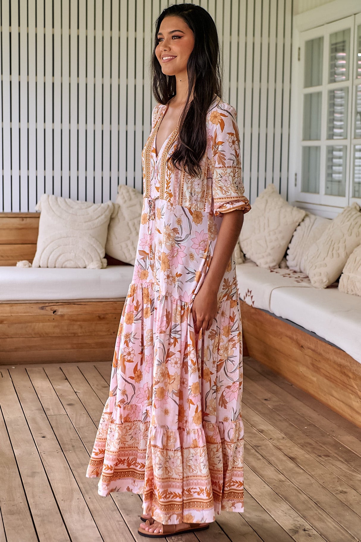JAASE - Tessa Maxi Dress: A Line Pull Tie Waist Dress in Peach Dahlia Print