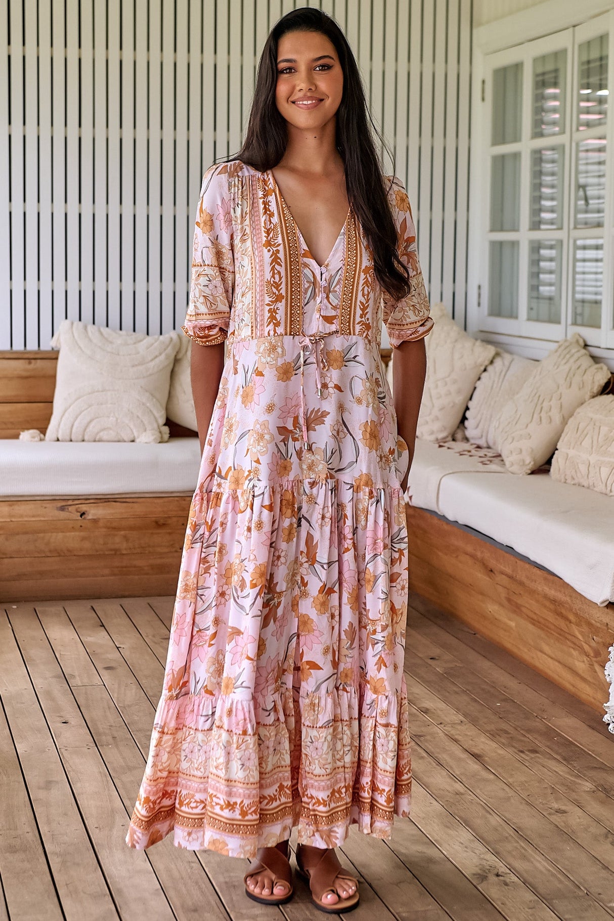 JAASE - Tessa Maxi Dress: A Line Pull Tie Waist Dress in Peach Dahlia Print