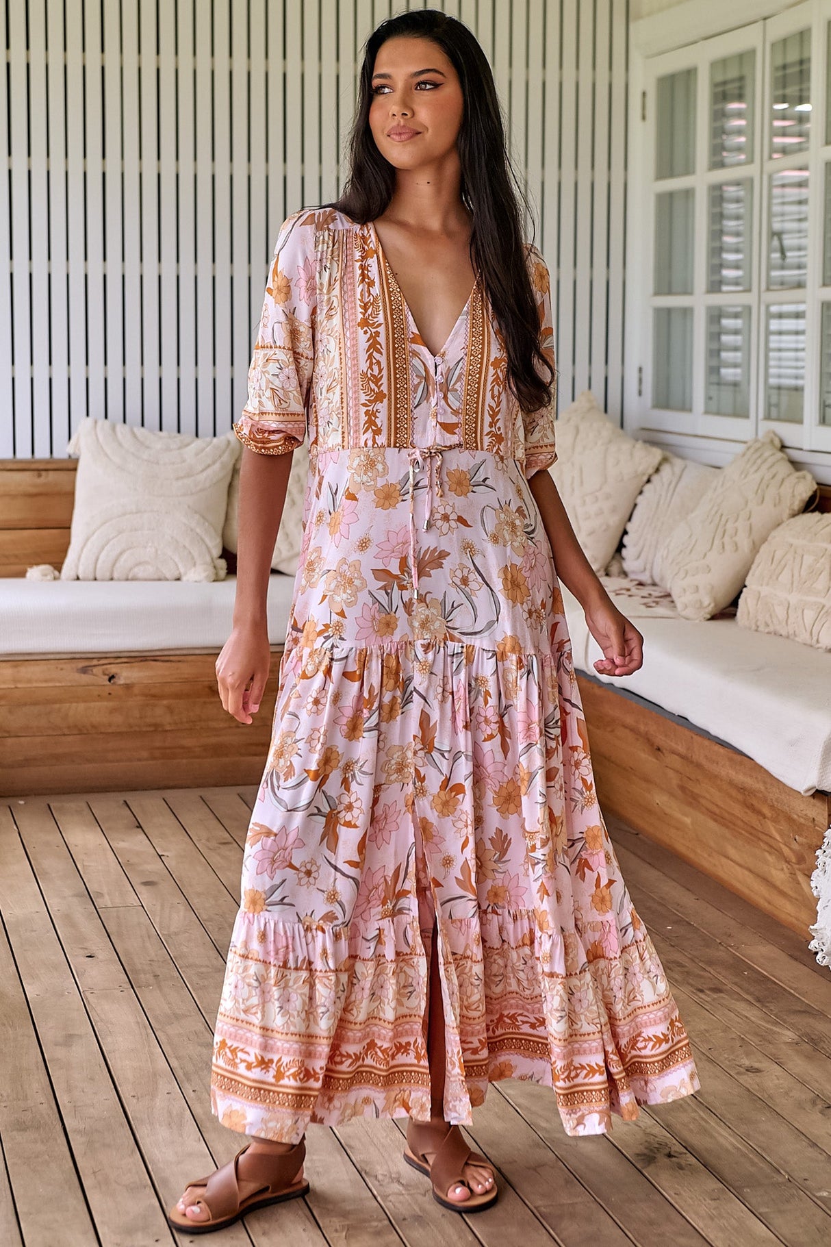 JAASE - Tessa Maxi Dress: A Line Pull Tie Waist Dress in Peach Dahlia Print