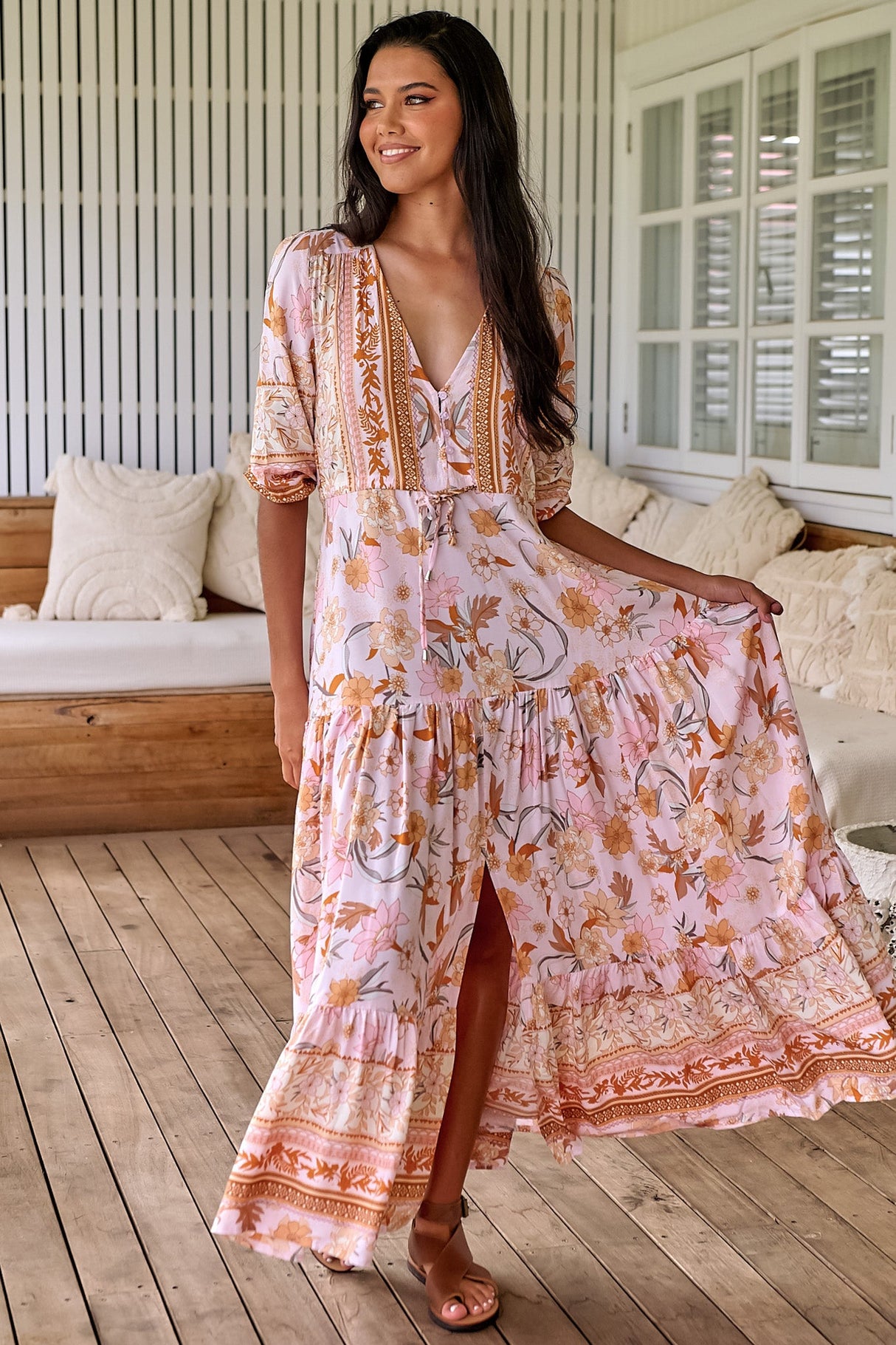 JAASE - Tessa Maxi Dress: A Line Pull Tie Waist Dress in Peach Dahlia Print