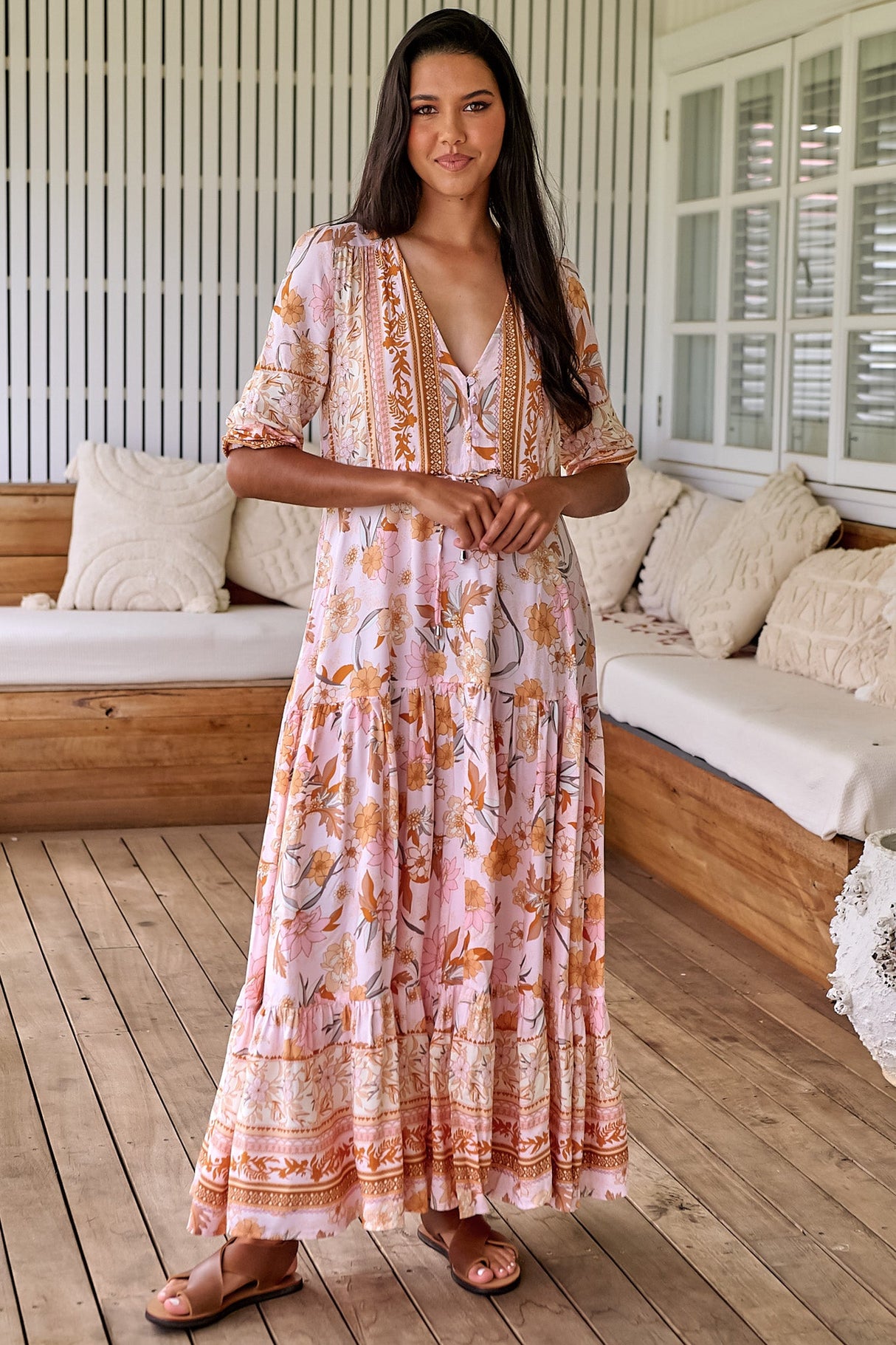 JAASE - Tessa Maxi Dress: A Line Pull Tie Waist Dress in Peach Dahlia Print