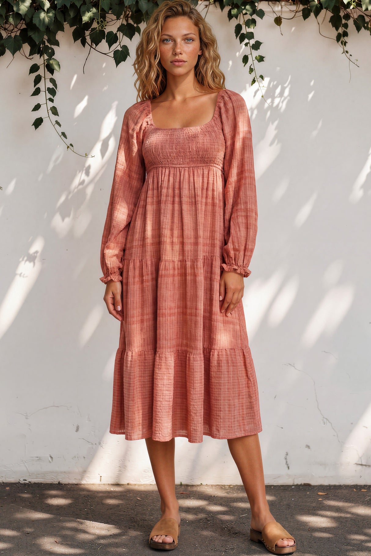 Woman wearing a pink dress standing against a white wall with greenery.