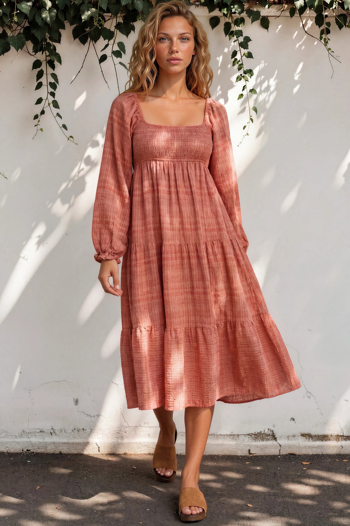 Woman wearing a pink checkered dress standing against a white wall with greenery.