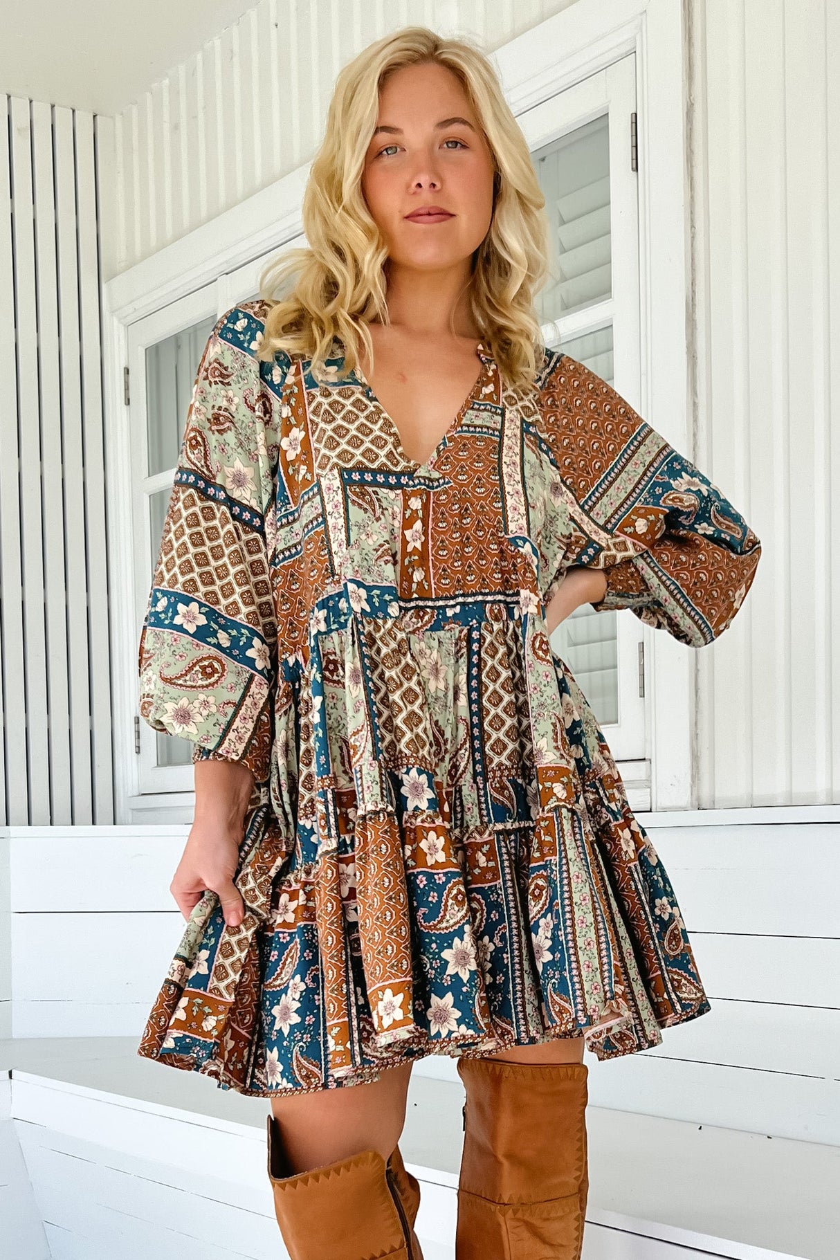 JAASE - Soul Mini Dress: Mandarin Collar V Neck Long Sleeve Smock Dress in Izabelle Print