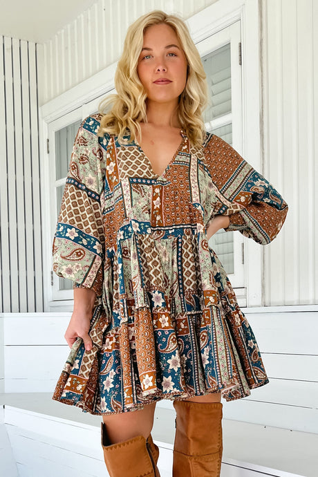 JAASE - Soul Mini Dress: Mandarin Collar V Neck Long Sleeve Smock Dress in Izabelle Print
