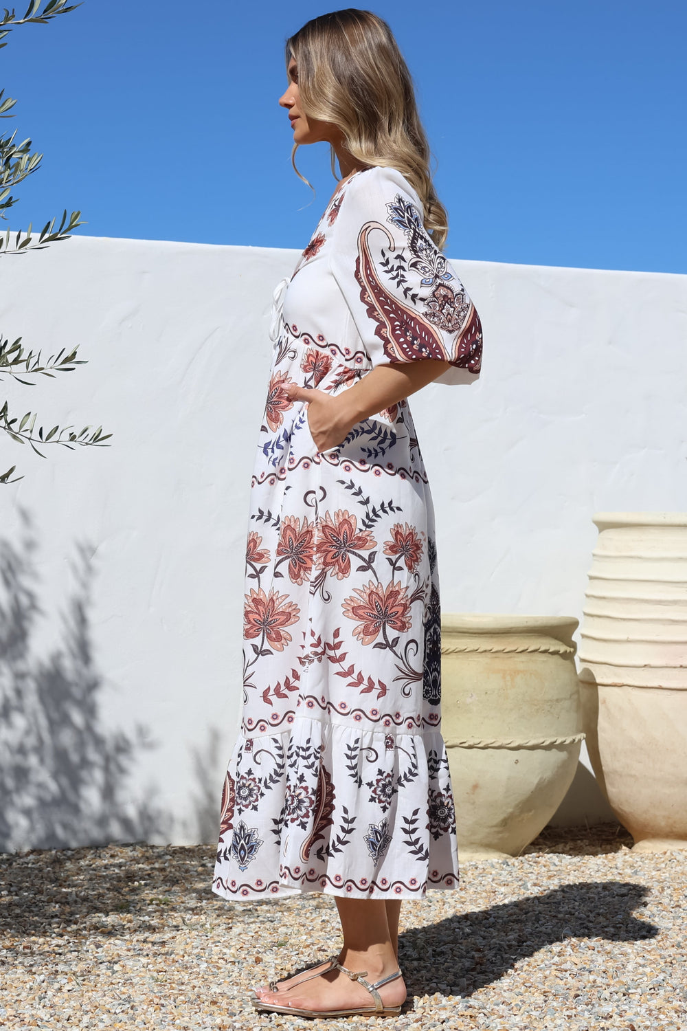 Thanya Midi Dress - V-Neck with Tie Balloon Sleeve Tiered Dress in Magah Print