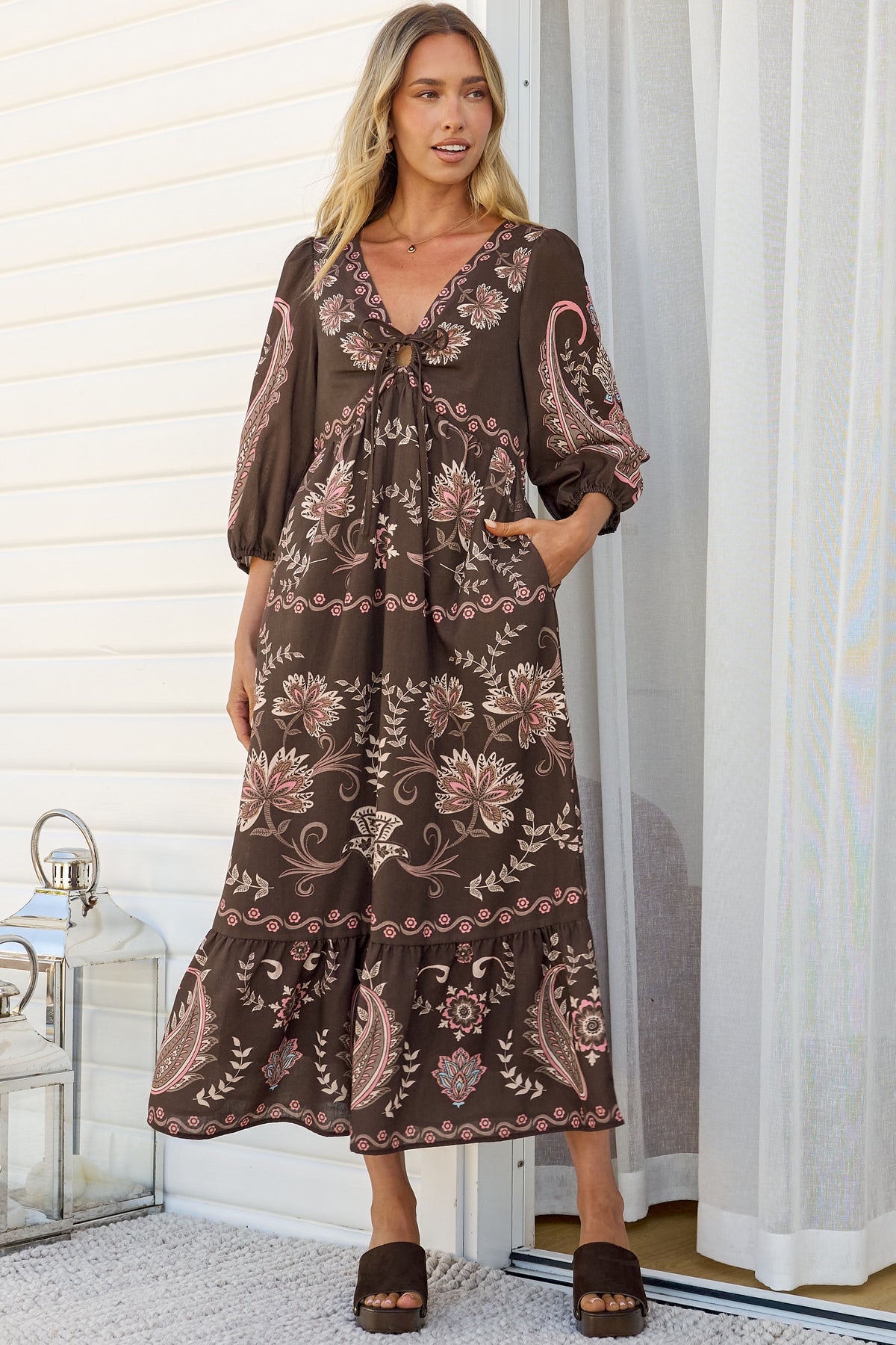 Thanya Midi Dress - V-Neck with Tie Balloon Sleeve Tiered Dress in Magah Print Brown