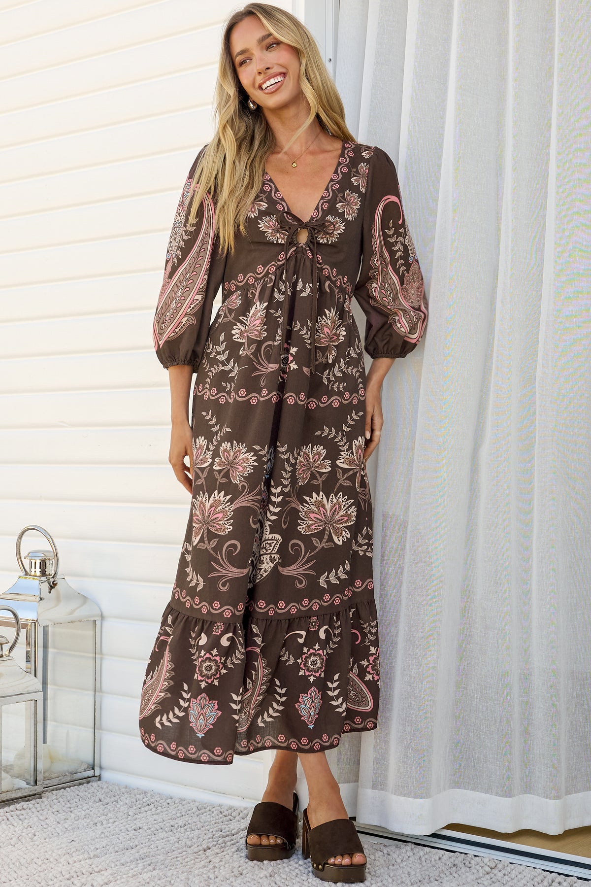 Thanya Midi Dress - V-Neck with Tie Balloon Sleeve Tiered Dress in Magah Print Brown