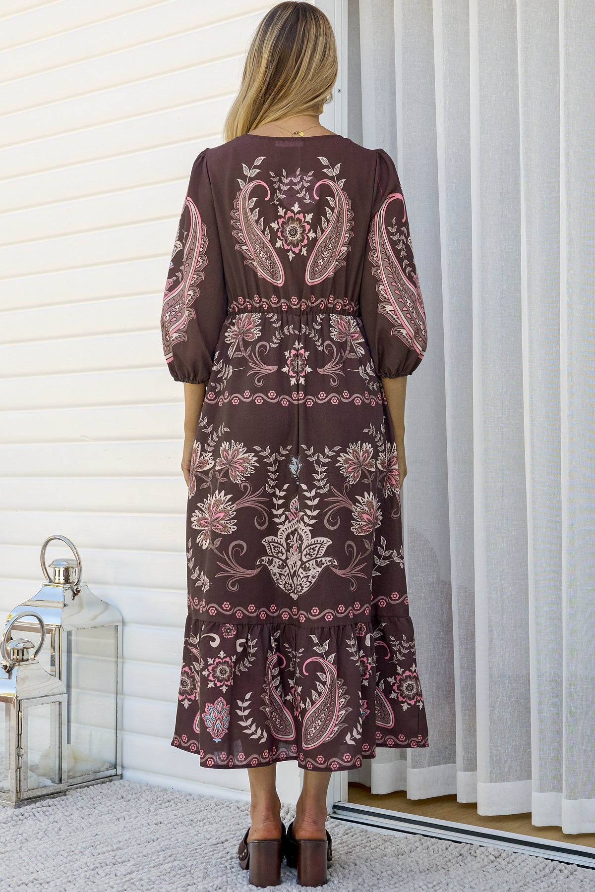 Thanya Midi Dress - V-Neck with Tie Balloon Sleeve Tiered Dress in Magah Print Brown