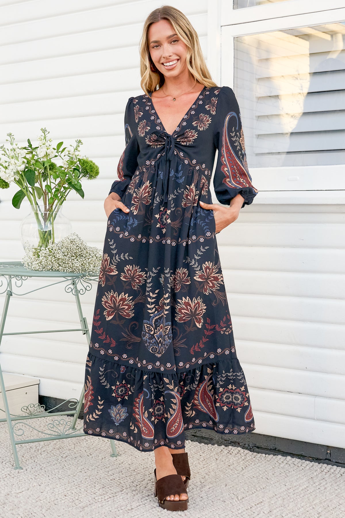 Thanya Midi Dress - V-Neck with Tie Balloon Sleeve Tiered Dress in Magah Print Navy