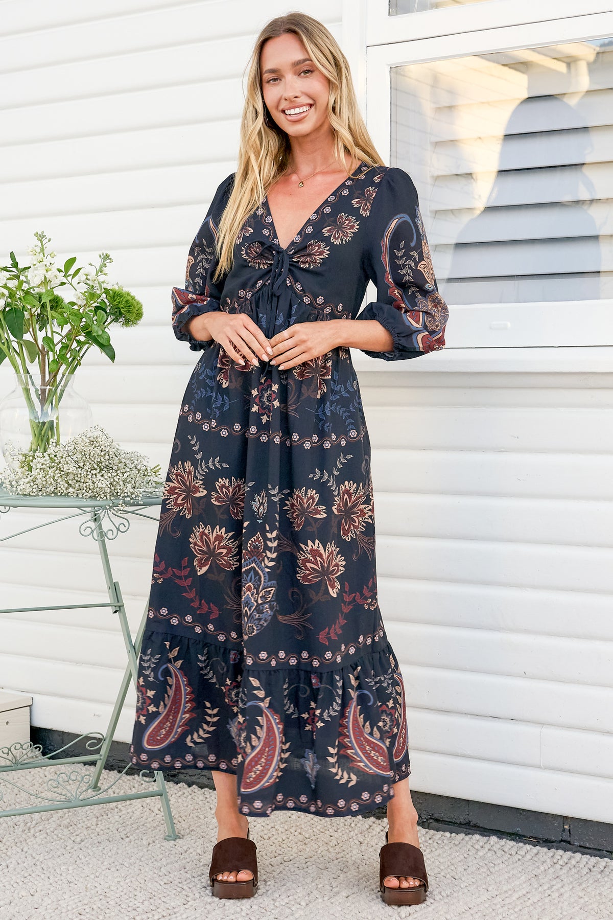 Thanya Midi Dress - V-Neck with Tie Balloon Sleeve Tiered Dress in Magah Print Navy