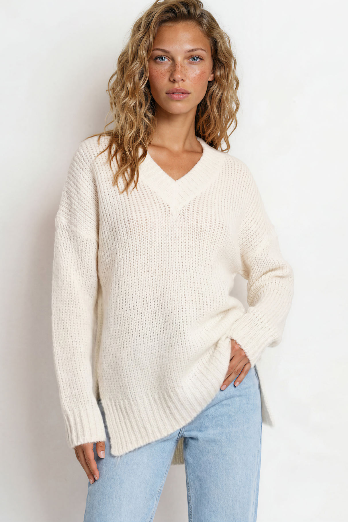 Model wearing Thorne Jumper in Cream from Salty Crush