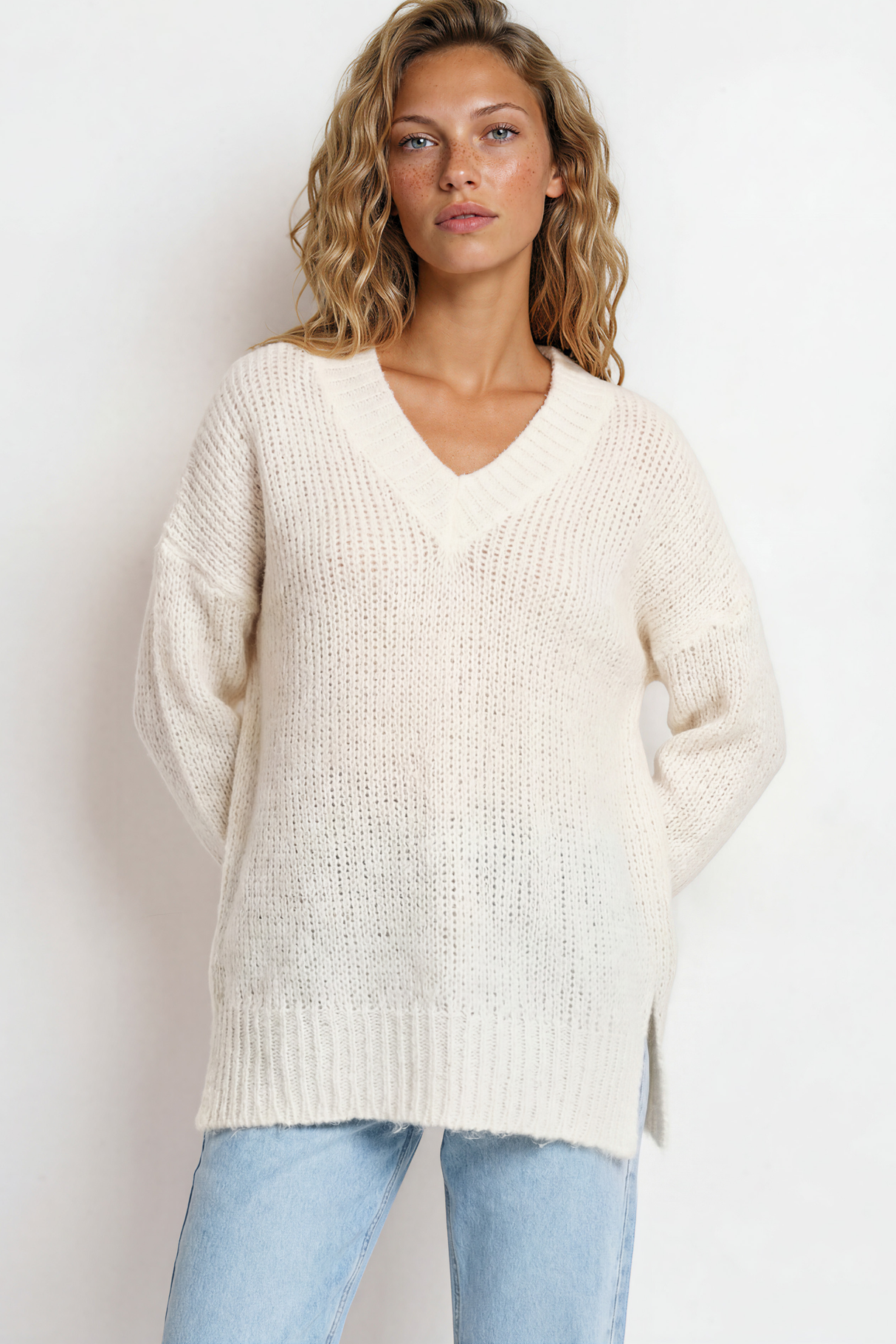 Model wearing Thorne Jumper in Cream from Salty Crush