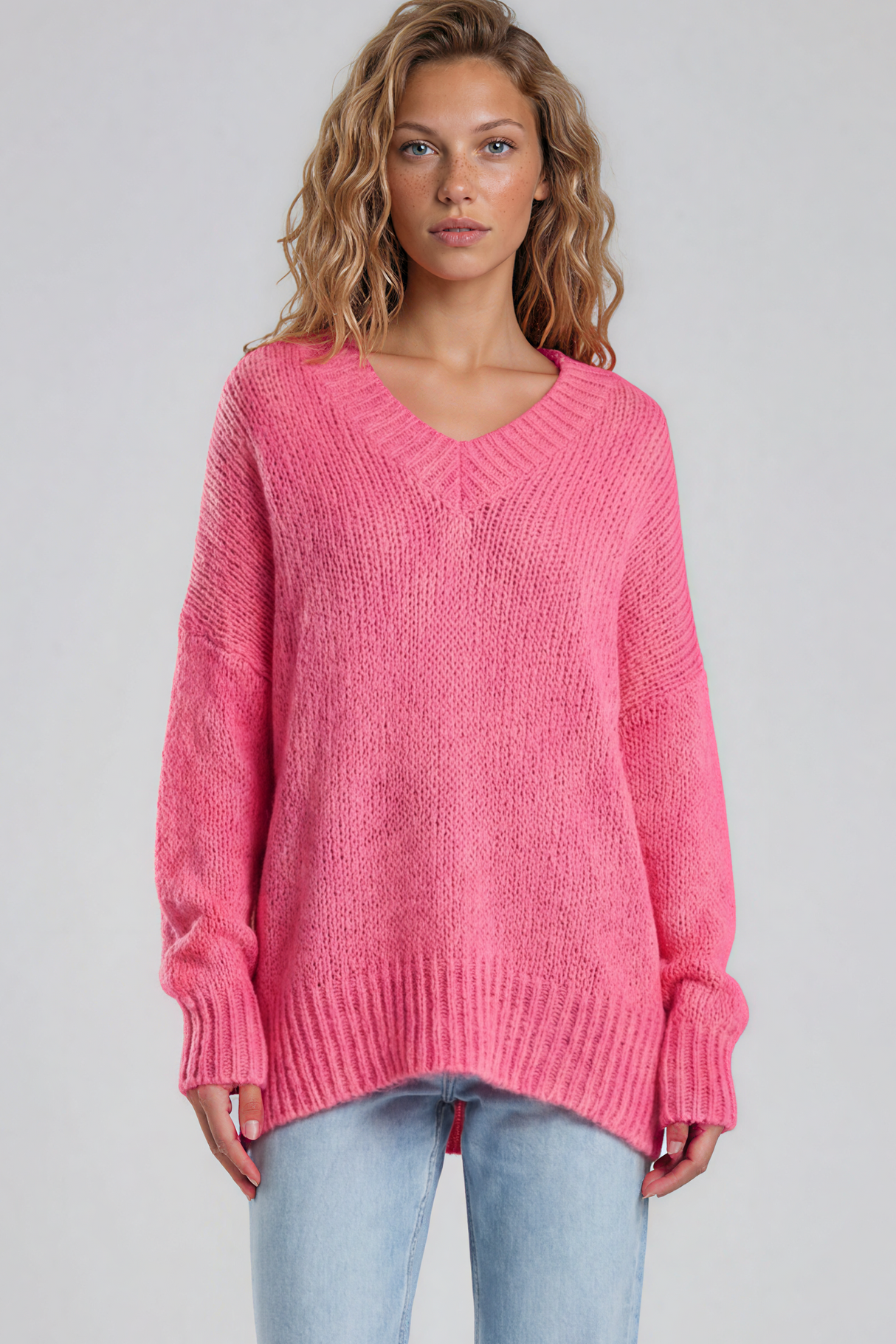 Model wearing Thorne Jumper in Hot Pink from Salty Crush