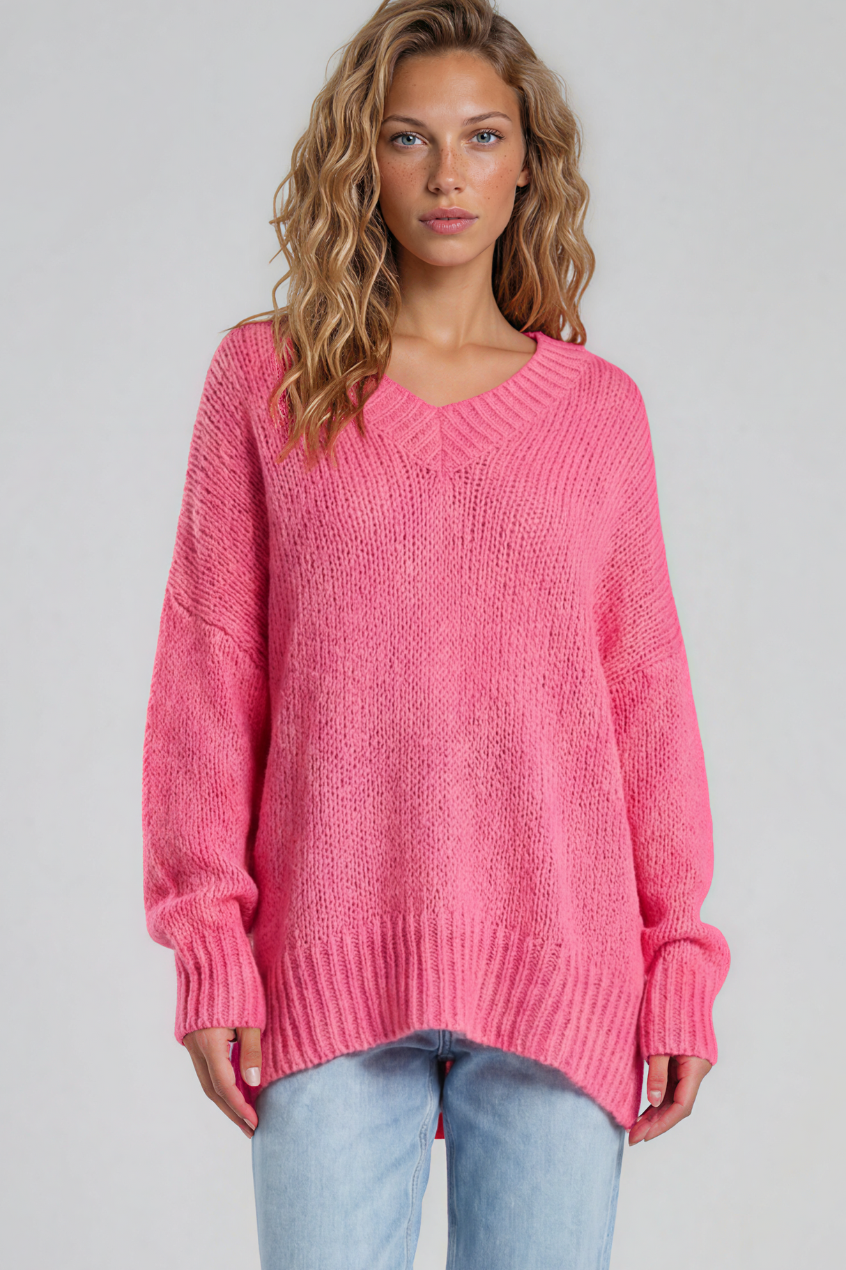 Model wearing Thorne Jumper in Hot Pink from Salty Crush