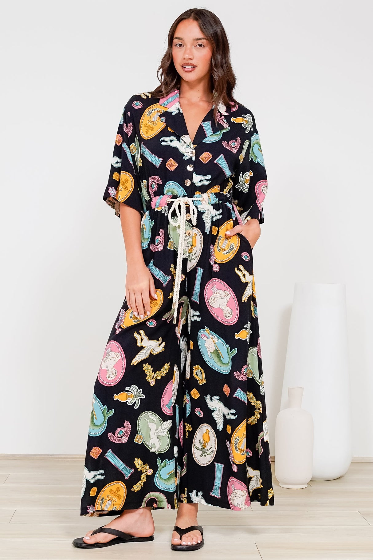 Thorra Jumpsuit - Collared Buttoned Bodice with Rope Waist Tie in Siren Blossom Print