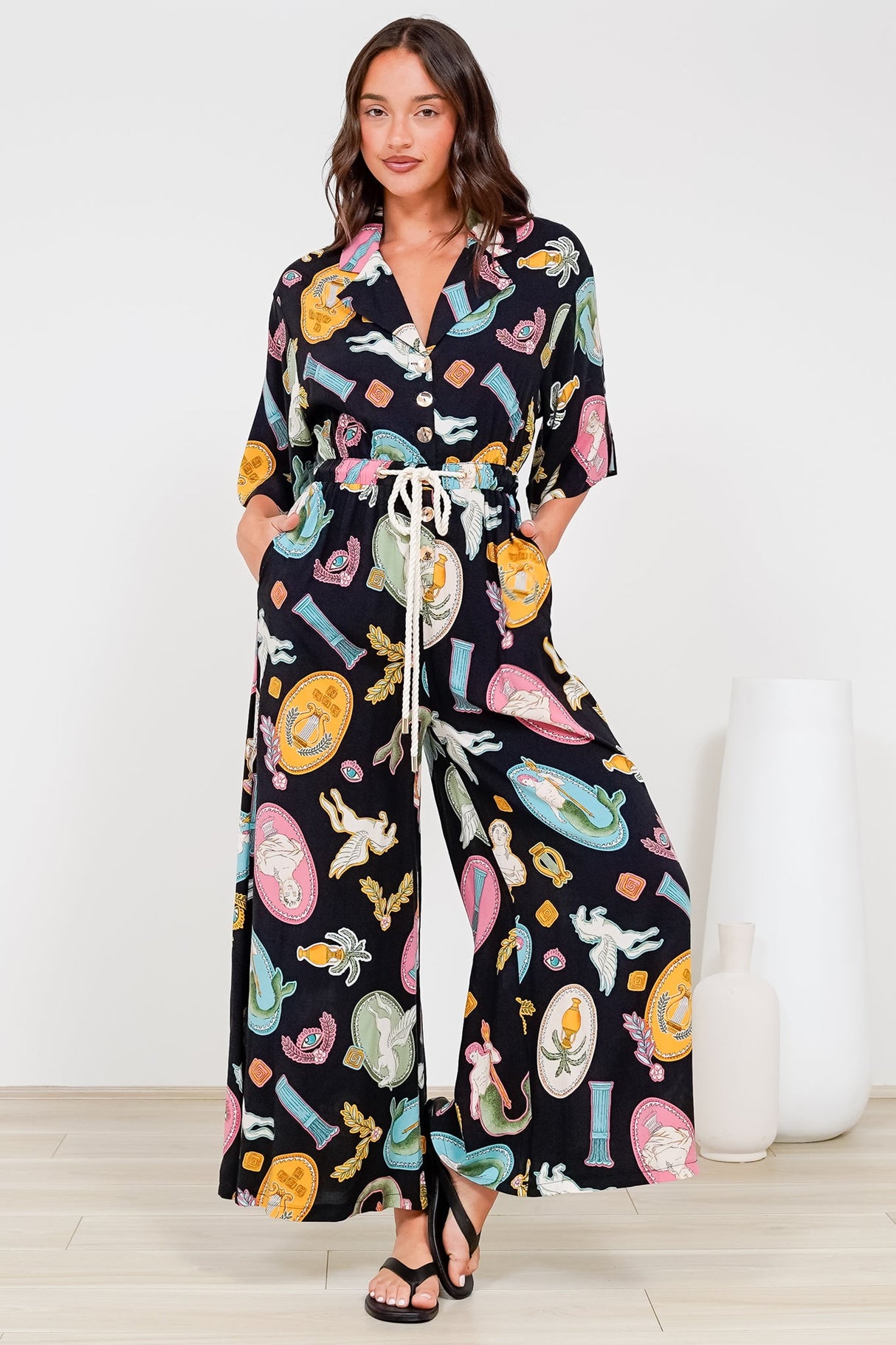 Thorra Jumpsuit - Collared Buttoned Bodice with Rope Waist Tie in Siren Blossom Print