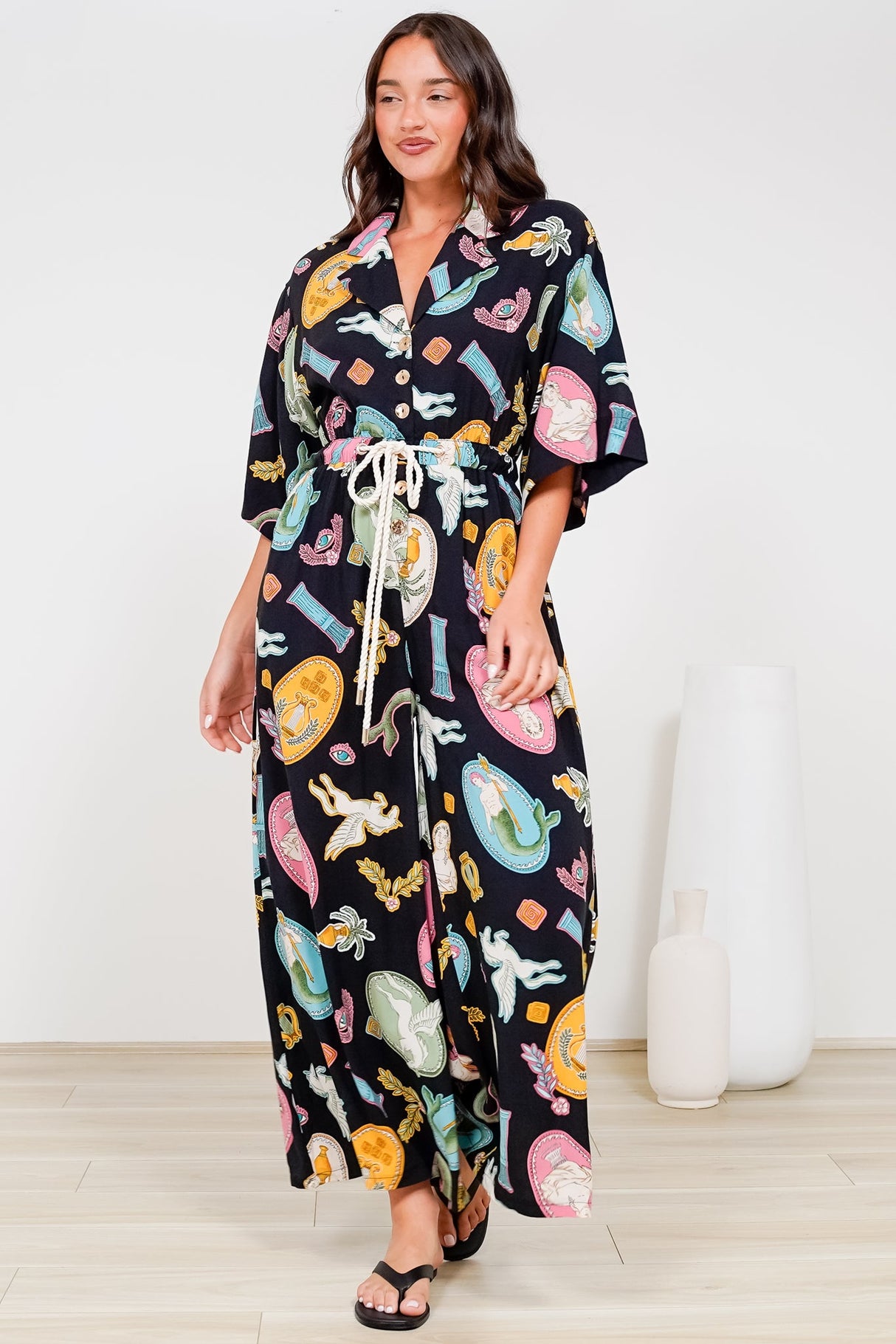 Thorra Jumpsuit - Collared Buttoned Bodice with Rope Waist Tie in Siren Blossom Print