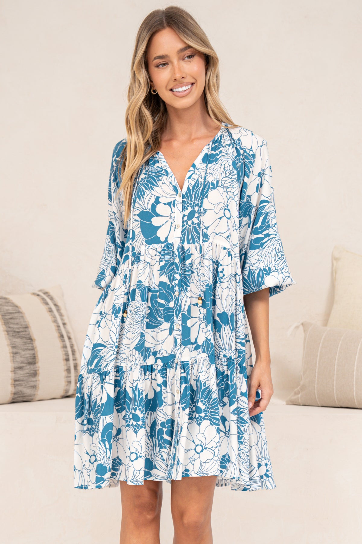 Tia Mini Dress - V Neck Long Sleeve Dress with Tiered Hem in Lumina Print