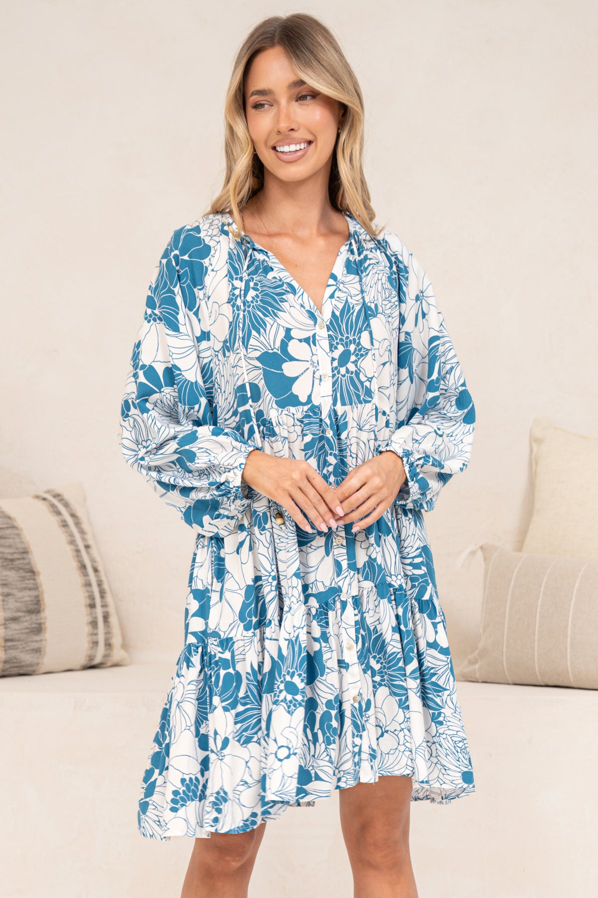 Tia Mini Dress - V Neck Long Sleeve Dress with Tiered Hem in Lumina Print
