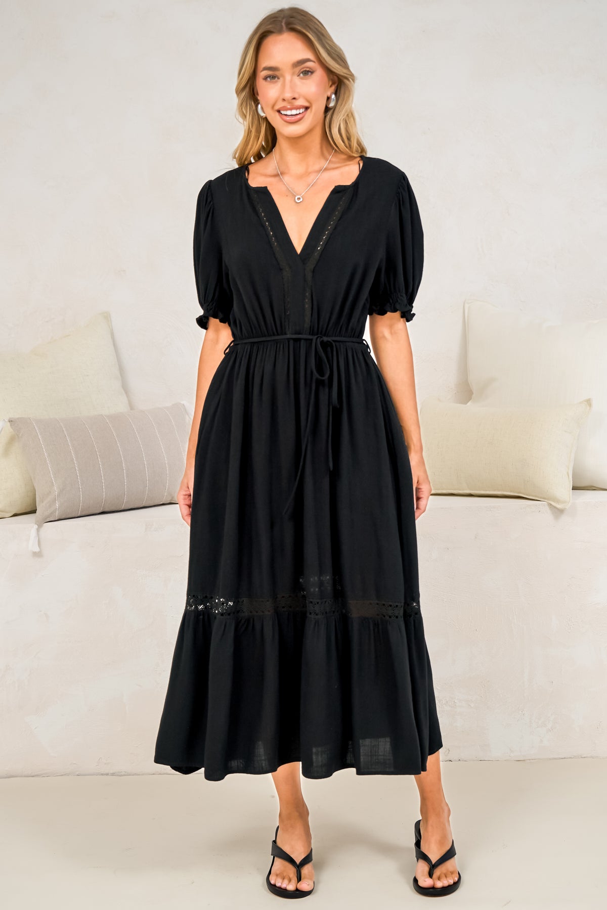 Tilly Midi Dress - Split Collar A Line Dress with Lace Inserts and Short Balloon Sleeves in Black