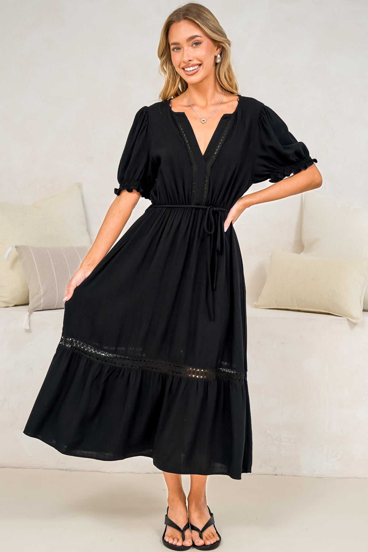 Tilly Midi Dress - Split Collar A Line Dress with Lace Inserts and Short Balloon Sleeves in Black