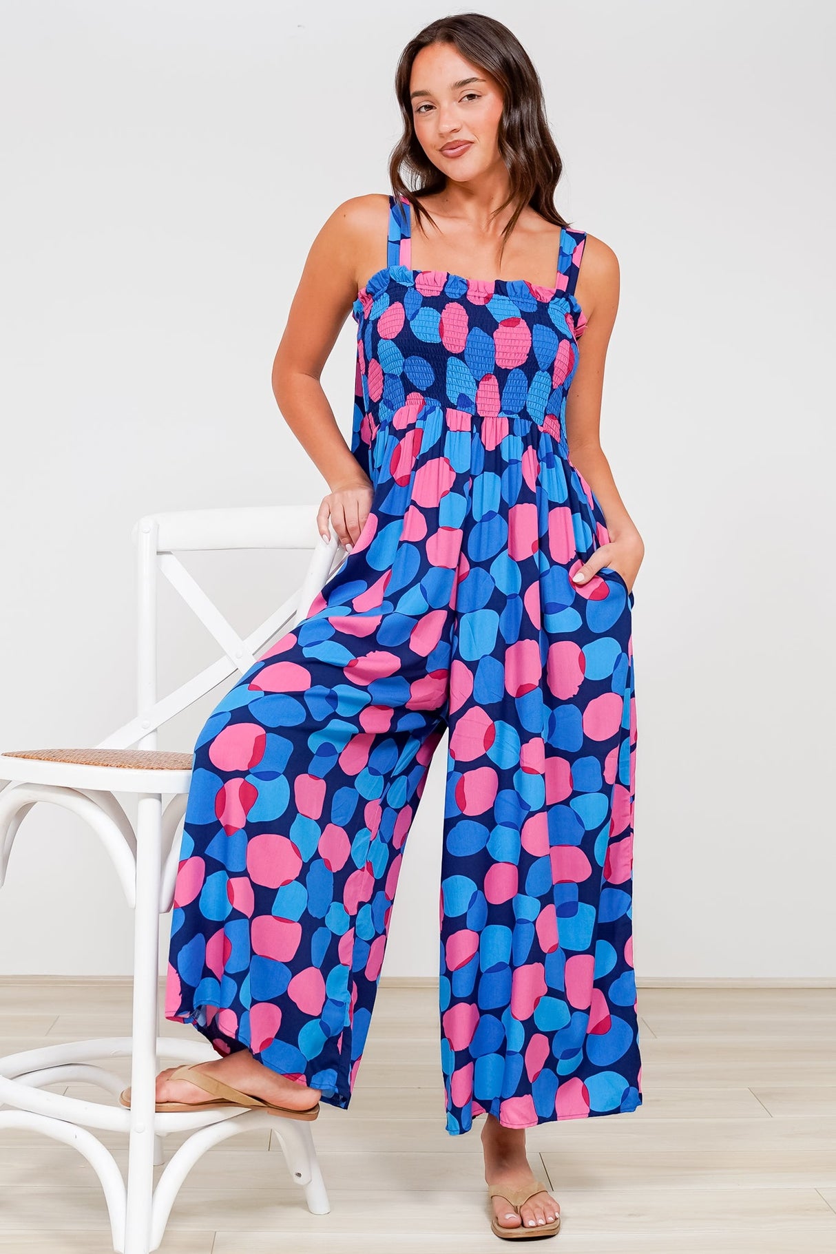 Tokyo Jumpsuit - Shirred Bodice Wide Leg Jumpsuit with Pockets in Tilda Print