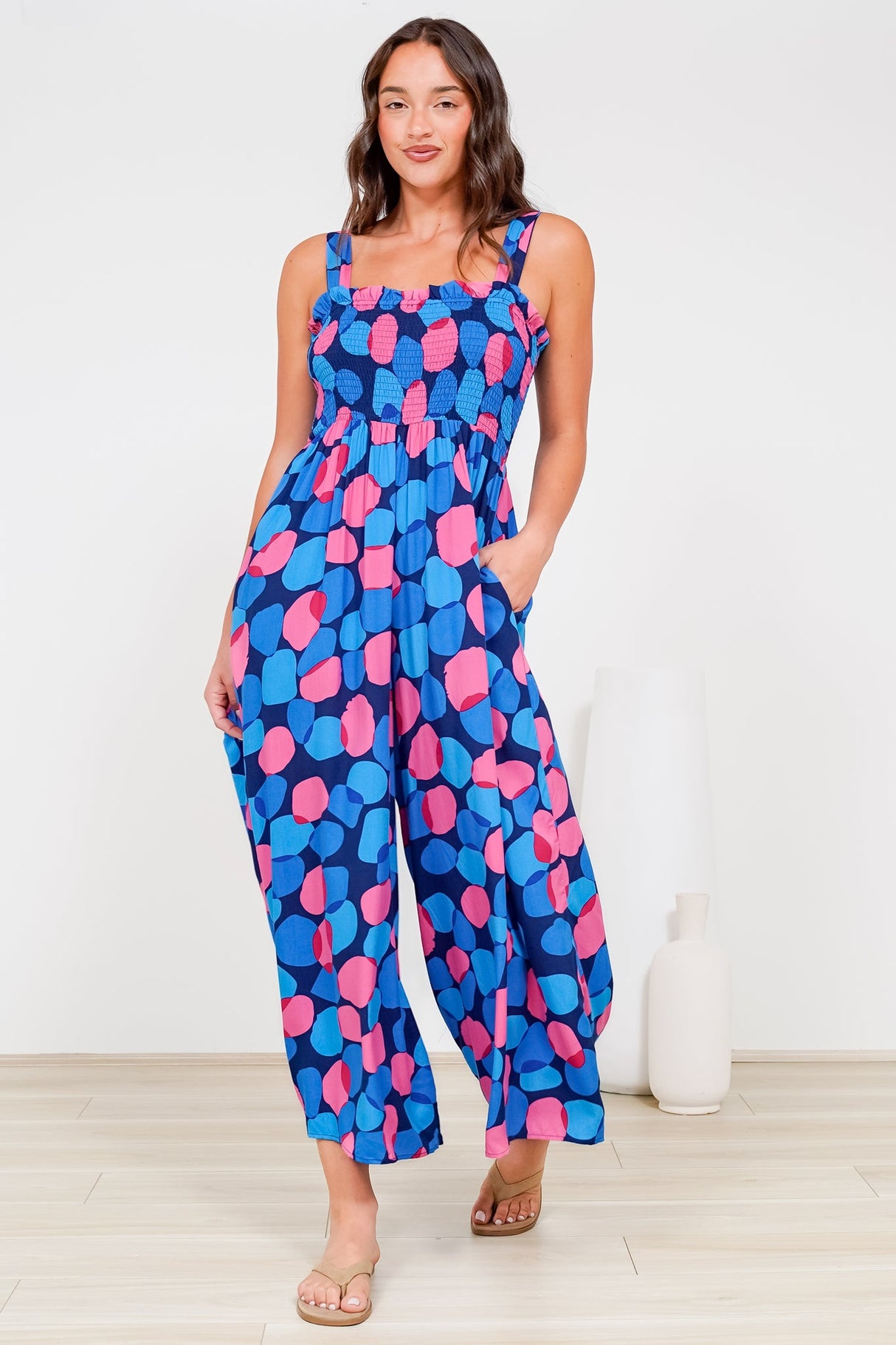 Tokyo Jumpsuit - Shirred Bodice Wide Leg Jumpsuit with Pockets in Tilda Print