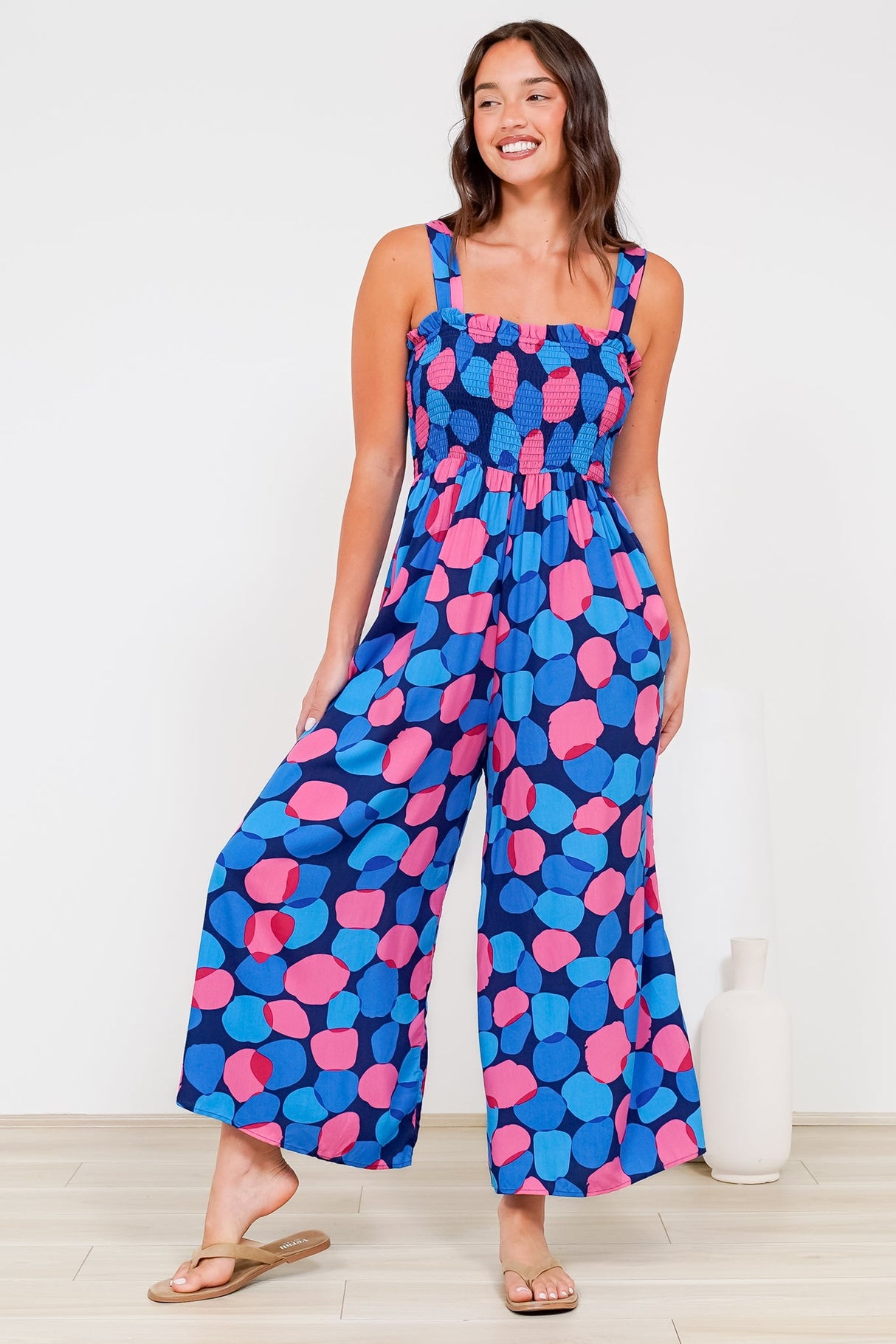 Tokyo Jumpsuit - Shirred Bodice Wide Leg Jumpsuit with Pockets in Tilda Print