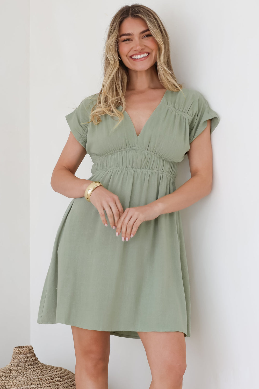 Torin Mini Dress - Flattering V-Neck A-Line Mini with Cinched Waist in Sage