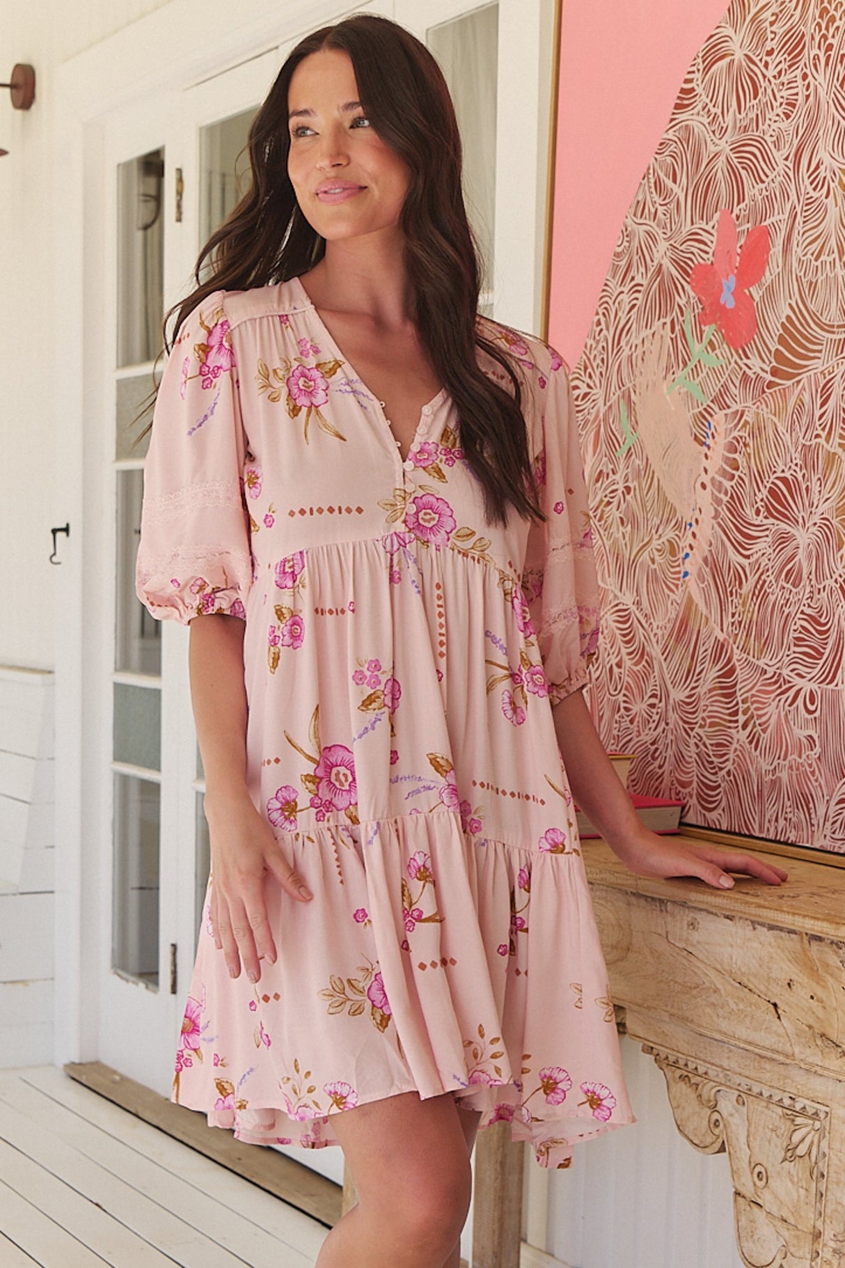 JAASE - Tracey Mini Dress: 3/4 Sleeve Dress with Waist Tie in Blushing Fields Print