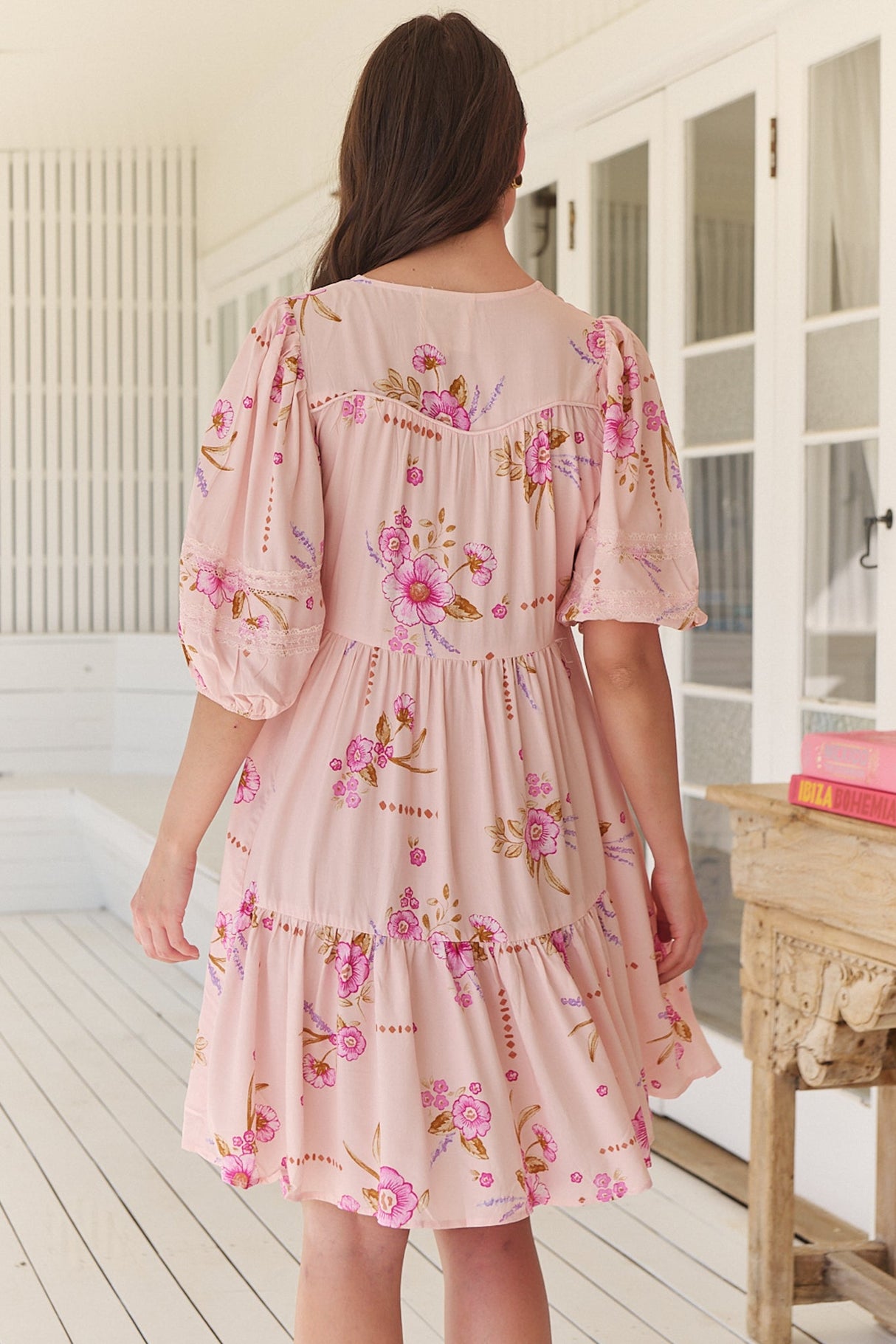 JAASE - Tracey Mini Dress: 3/4 Sleeve Dress with Waist Tie in Blushing Fields Print