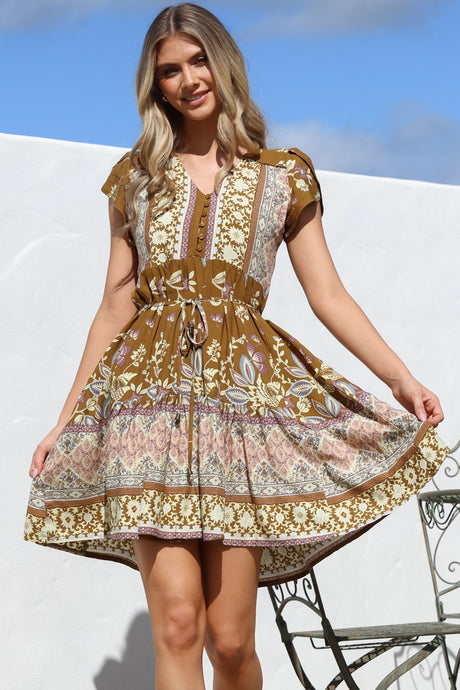 JAASE - Tracey Mini Dress: Cap Sleeve Dress with Waist Tie in Emre Print