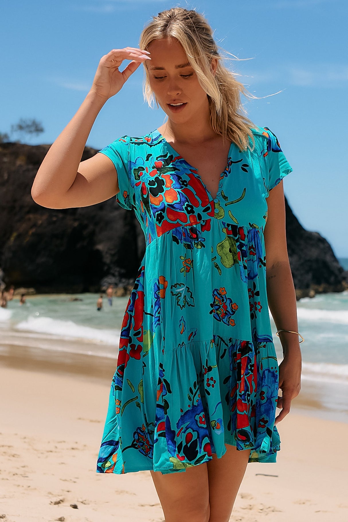JAASE - Tracey Mini Dress: Cap Sleeve Dress with Waist Tie in Isla Mare Print