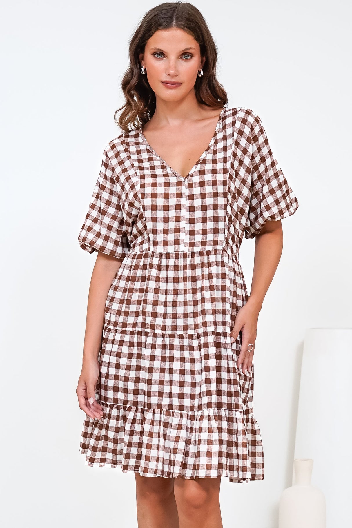 Treyshelle Mini Dress - V-Neck Puff Sleeve Tiered Dress in Gingham Brown