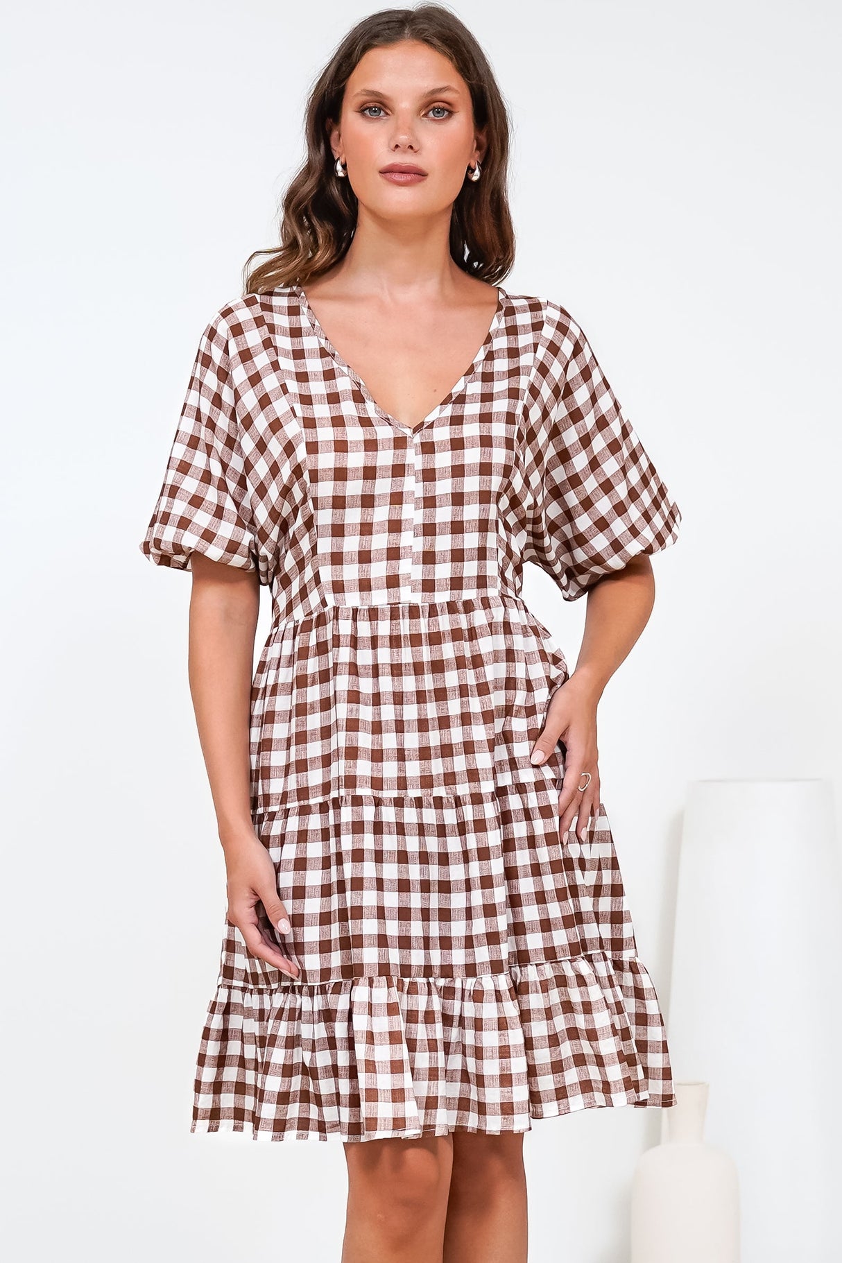 Treyshelle Mini Dress - V-Neck Puff Sleeve Tiered Dress in Gingham Brown