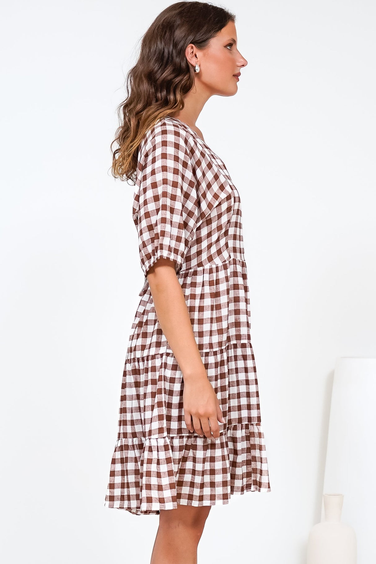 Treyshelle Mini Dress - V-Neck Puff Sleeve Tiered Dress in Gingham Brown