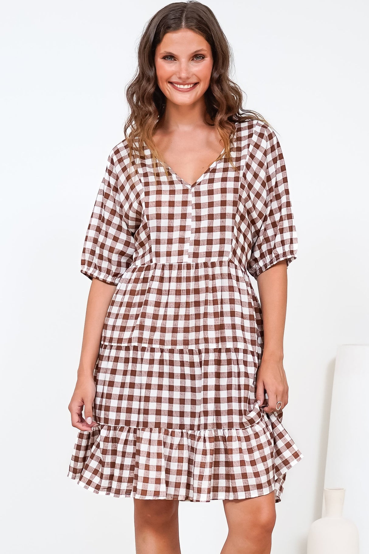 Treyshelle Mini Dress - V-Neck Puff Sleeve Tiered Dress in Gingham Brown