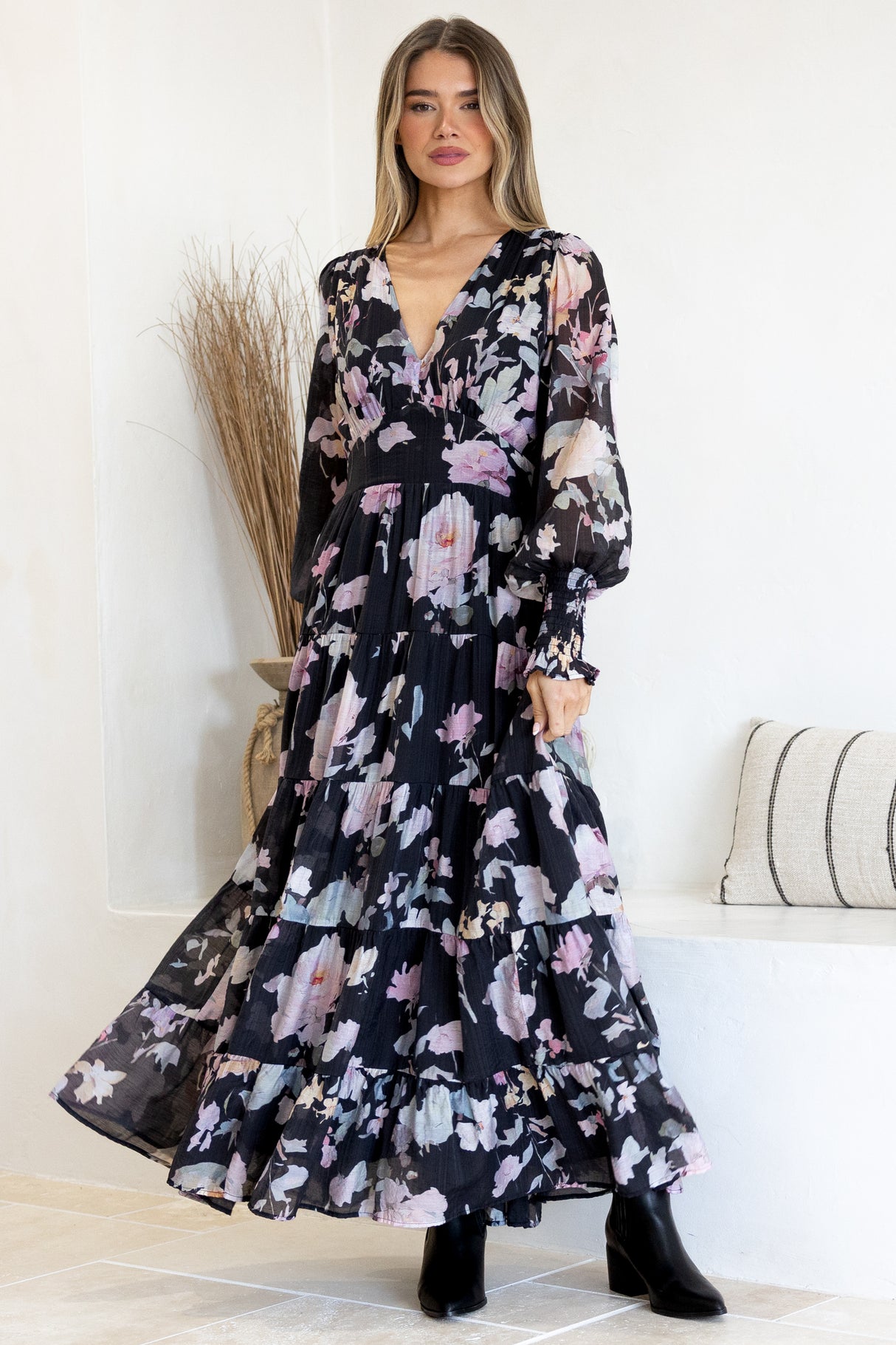 Model wearing Trina Maxi Dress in Bronson Print from Salty Crush