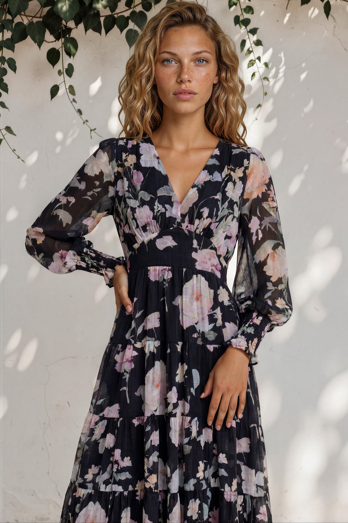 Model wearing Trina Maxi Dress in Bronson Print from Salty Crush