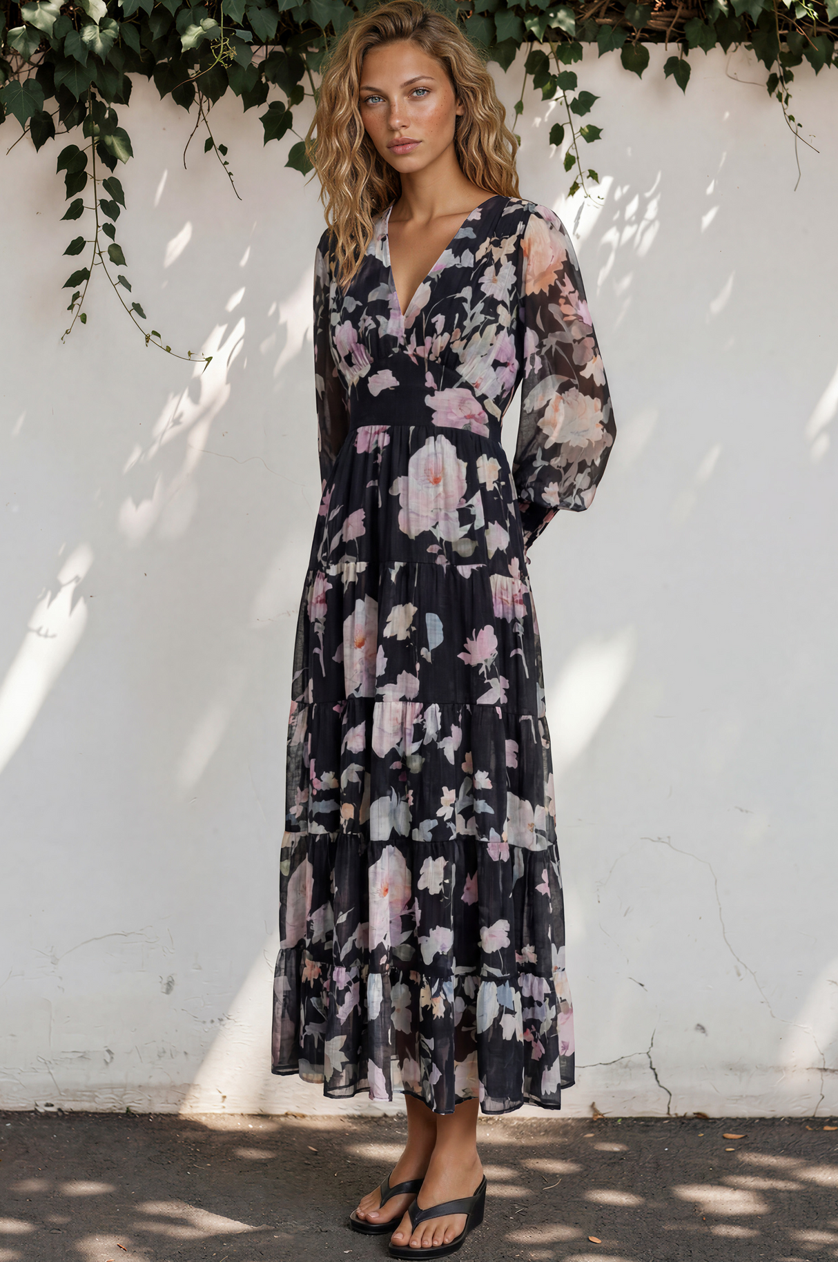 Model wearing Trina Maxi Dress in Bronson Print from Salty Crush