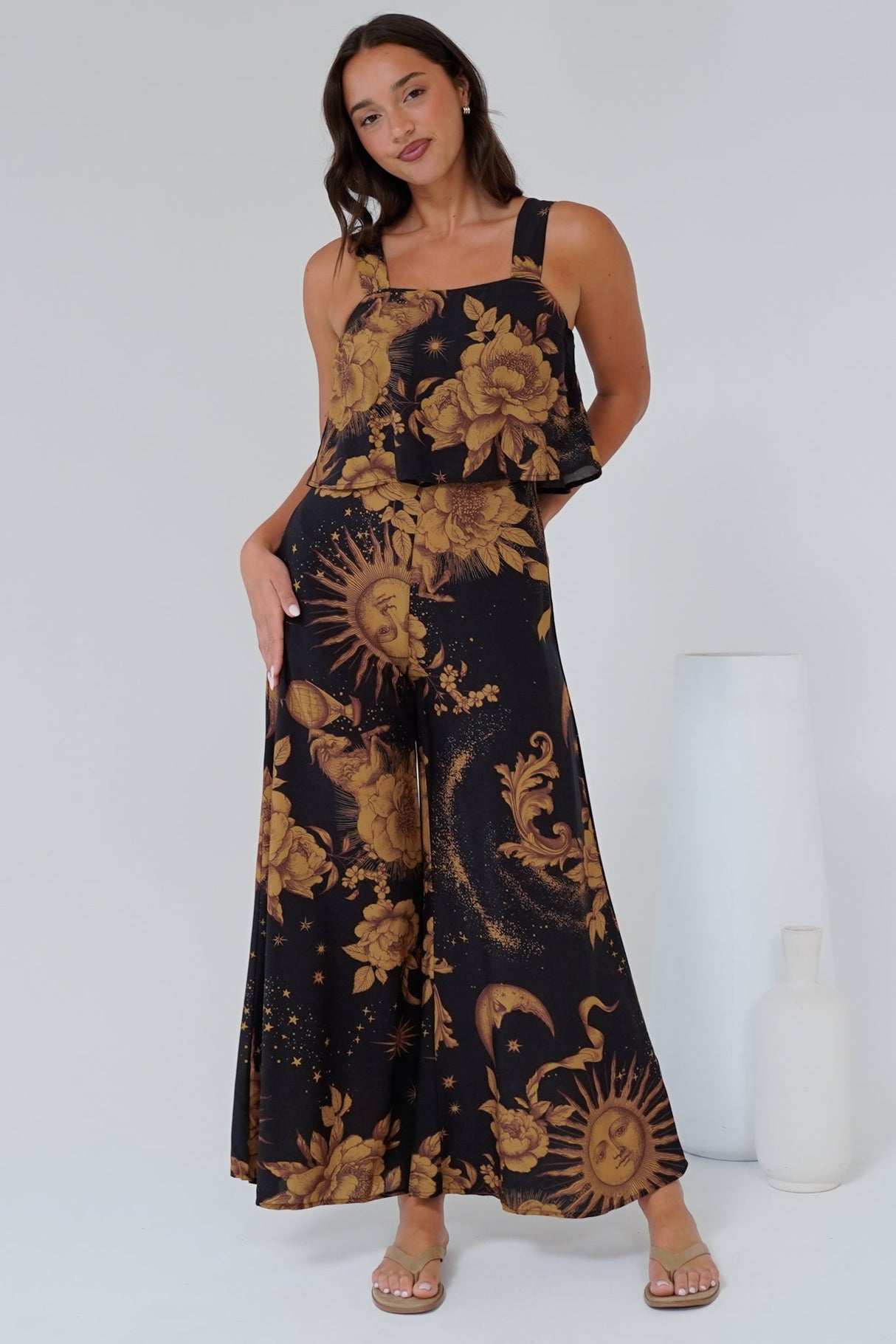 True Jumpsuit - Square Neckline Overall Jumpsuit in Goldie Print