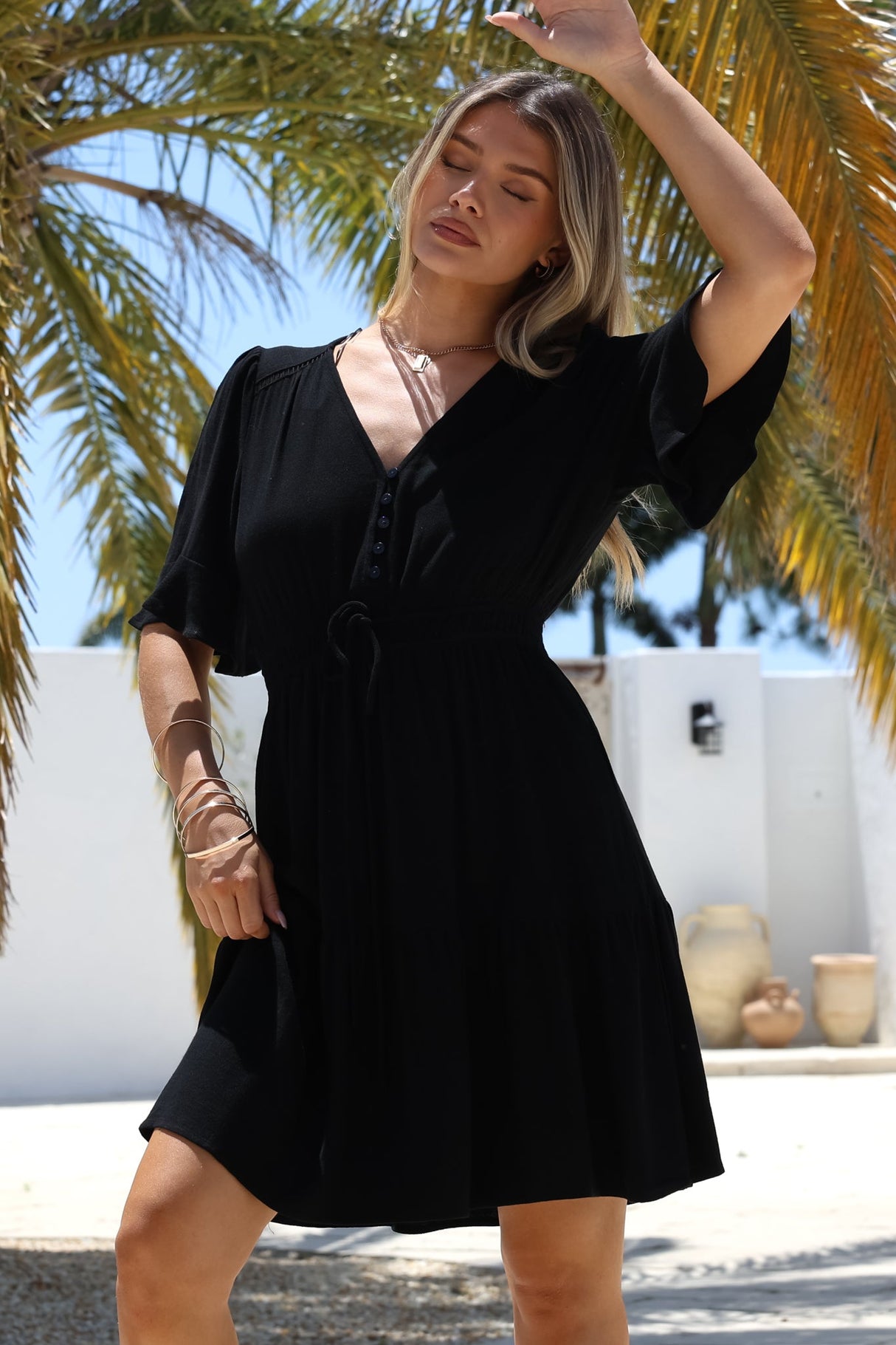 Truese Mini Dress - A-Line Dress with Short Ruffle Sleeves in Black