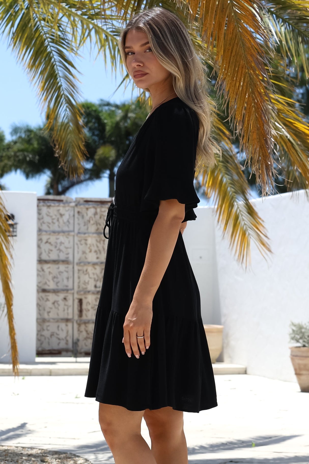 Truese Mini Dress - A-Line Dress with Short Ruffle Sleeves in Black