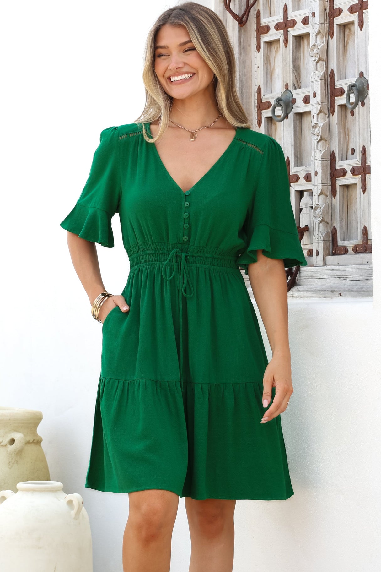 Truese Mini Dress - A-Line Dress with Short Ruffle Sleeves in Green