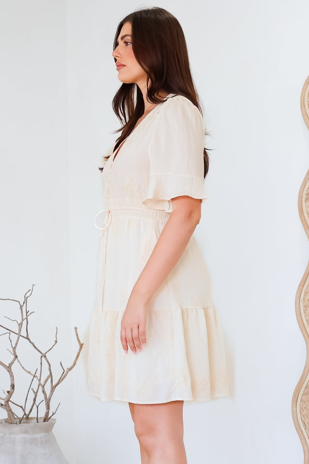 Truese Mini Dress - A-Line Dress with Short Ruffle Sleeves in Cream Embroidery